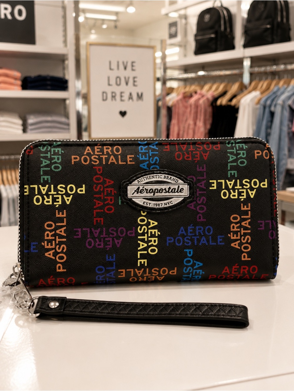 Aeropostale Logo Print Zip Around Wristlet Wallet Black NWT